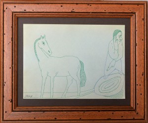Pagola Javier, Hombre que susurra al caballo, dibujo tinta papel, enmarcado, dibujo 16x21,50 cms. y marco 26x31,50 cms.  (4)