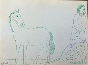 Pagola Javier, Hombre que susurra al caballo, dibujo tinta papel, enmarcado, dibujo 16x21,50 cms. y marco 26x31,50 cms.  (5)