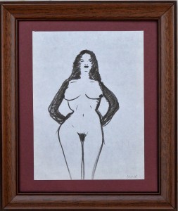 Pagola Javier, Mujer desnuda con brazos en jarra, dibujo tinta papel, enmarcado, dibujo 20x15 cms. y marco 28x24 cms.  (4)