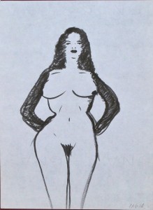 Pagola Javier, Mujer desnuda con brazos en jarra, dibujo tinta papel, enmarcado, dibujo 20x15 cms. y marco 28x24 cms.  (5)
