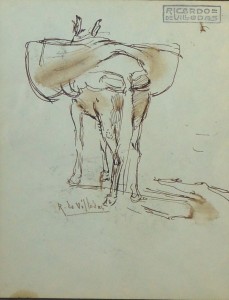 Villodas Ricardo de, Burro con alforjas, dibujo lápiz papel, enmarcado, dibujo 15x11,50cms. y marco 27x22 cms. (6)
