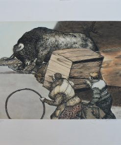 Manuel Alcorlo - "Destrozones y Tancredos, El payaso del cajón" grabado aguafuerte aguatinta color