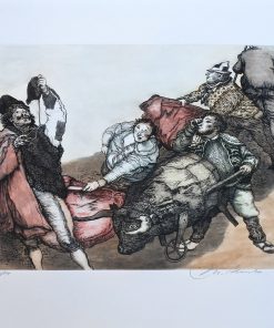 Manuel Alcorlo - "Destrozones y tancredos, El toro de Julito" grabado aguafuerte aguatinta color