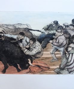 Manuel Alcorlo - "Destrozones y tancredos, Tirando del rabo" grabado aguafuerte aguatinta color