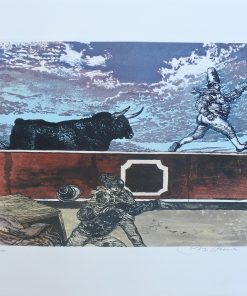 Manuel Alcorlo - "Destrozones y tancredos, encierro" grabado aguafuerte aguatinta color