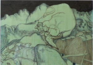 Alcorlo Manuel 1995, pesadiellu, dibujo carboncillo y acuarela cartulina, enmarcado, dibujo 49x69 cms. y marco 69x89 cms (7)