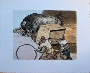 Alcorlo Manuel, El payaso del cajón, grabado aguafuerte aguatinta color, edición 175 ejemplares, numerado y firmado a lápiz, plancha 34x43,50 cms. y papel 51x62 cms. (7)