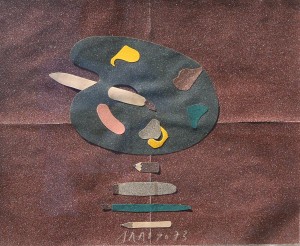 Arroyo Eduardo 1973, Paleta de pintor, técnica mixta y collage papel lija, enmarcado, obra 46x56 cms.  y marco  76x88 cms.  (7)