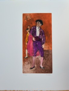 García Ochoa Luis, Grana y Oro, El torero, grabado aguafuerte color, edición 175 ejemplares, numerado y firmado a lápiz, plancha 39x19,50 cms. y papel 60x50 cms.   (6)
