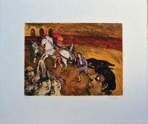 García Ochoa Luis, Grana y Oro, el arrastre, grabado aguafuerte color, edición 175 ejemplares, numerado y firmado a lápiz, plancha 29x39 cms. y papel 50x60 cms. (3)