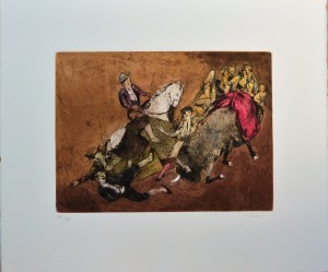 García Ochoa Luis, Grana y Oro, embestida, grabado aguafuerte color, edición 175 ejemplares, numerado y firmado a lápiz, plancha 29x39 cms. y papel 50x60 cms.   (2)