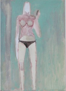 Pagola Javier 2011, Joven con bragas moradas fondo verde grisaceo, acrílico cartulina, enmarcado, pintura 35x25 cms. y marco 52x42 cms (2)
