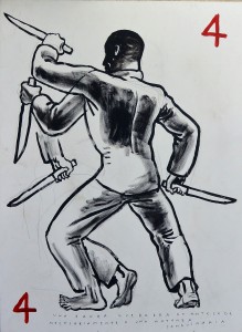 javier de juan 2004 la danza guerrera, tinta mateada sobre polivinilo de cloruro 83x61 cms. (1)