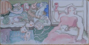 Alcorlo Manuel, Celebración animada, dibujo tinta y acuarela papel, 15x30 cms. (4)
