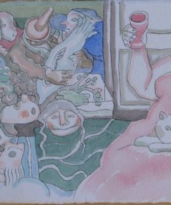 Manuel Alcorlo - "Celebración animada" dibujo tinta y acuarela papel, enmarcado