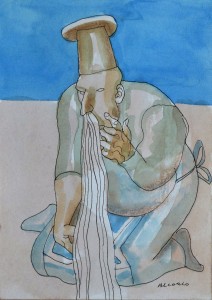 Alcorlo Manuel, Cocinero en meditación, dibujo tinta y acuarela cartulina, 15x10,50 cms. (3)