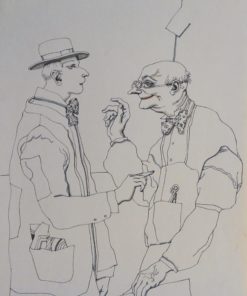 Manuel Alcorlo - "Conversación con el sastre" dibujo tinta papel, enmarcado