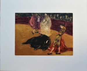 García Ochoa Luis, Grana y Oro, muerte del toro, grabado aguafuerte color, edición 175 ejemplares, numerado y firmado a lápiz, plancha 29,50x39 cms. y papel 50x60 cms.    (3)