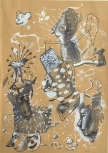 Pagola Javier 1992, personajes en la verbena, dibujo técnica mixta papel, enmarcado, dibujo 29x20,50 cms. y marco 42x33 cms.   (3)