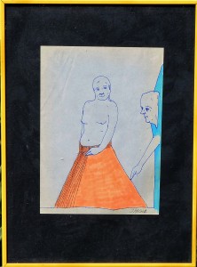 Pagola Javier, La falda naranja, dibujo tinta y acuarela papel, enmarcado, dibujo 21,50x15,50 cms. y marco 34,50x25,50 cms (15)