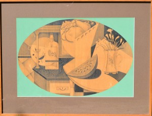 alcain alfredo 1987  Bodegón del aparador, pintura técnica mixta tabla madera, enmarcado, pintura 50x72 cms. y marco 71x92 cms.   (3)