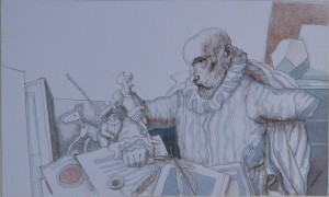 Alcorlo Manuel, Cervantes y sus personajes, dibujo técnica mixta cartulina, enmarcado, dibujo 18x30 cms.  y marco 44x31,50 cms.  (3)
