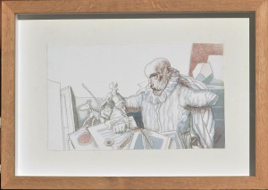 Alcorlo Manuel, Cervantes y sus personajes, dibujo técnica mixta cartulina, enmarcado, dibujo 18x30 cms.  y marco 44x31,50 cms.  (6)