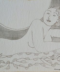 Manuel Alcorlo - "La modelo en reposo" dibujo tinta y aguada papel, enmarcado.