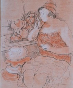 Manuel Alcorlo - "Reflexión en el camerino" dibujo tinta y pastel papel, enmarcado