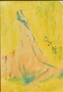 Juan Vicente Barrio Juanvi,  Joven sentada fondo amarillo, acuarela papel, enmarcado, pintura 49x34 cms. y marco 64x49 cms.  (6)