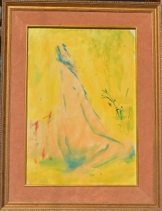 Juan Vicente Barrio Juanvi,  Joven sentada fondo amarillo, acuarela papel, enmarcado, pintura 49x34 cms. y marco 64x49 cms.  (7)
