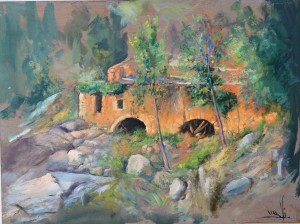 Juan Vicente Barrio Juanvi, Paisaje con molino de agua, pintura oleo tablex, enmarcado, pintura 26x35 cms. y marco 51x64 cms.  (7)