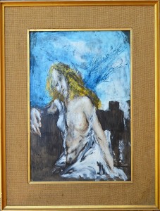 Juan Vicente Barrio Juanvi,  joven sentada torso desnudo, oleo papel pegado a tablex, enmarcado, pintura 50x34 cms. y marco 68x51 cms (1)