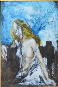 Juan Vicente Barrio Juanvi,  joven sentada torso desnudo, oleo papel pegado a tablex, enmarcado, pintura 50x34 cms. y marco 68x51 cms (3)