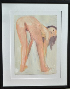 Pagola Javier 2011, joven agachada de espaldas, pintura oleo cartulina, enmarcado, pintura 35x25 cms. y marco 52x42 cms.   (3)