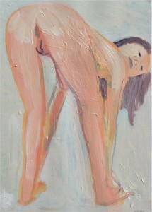 Pagola Javier 2011, joven agachada de espaldas, pintura oleo cartulina, enmarcado, pintura 35x25 cms. y marco 52x42 cms.   (6)
