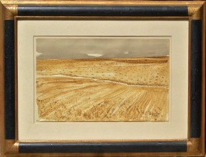 beulas 1980, pintura acuarela cartulina, paisaje ocre, enmarcado, pintura 33x52 cms. y marco 62x81 cms.  (3)