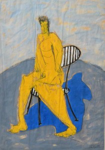 ortega olmo enrique 1982, Hombre sentado, técnica mixta cartulina, enmarcado, pintura 70x50 cms. y marco 101x73 cms.  (4)