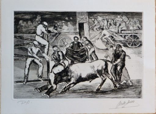 José Martín Simón - "Tauromaquia, agarrando al toro" grabado aguarfuerte