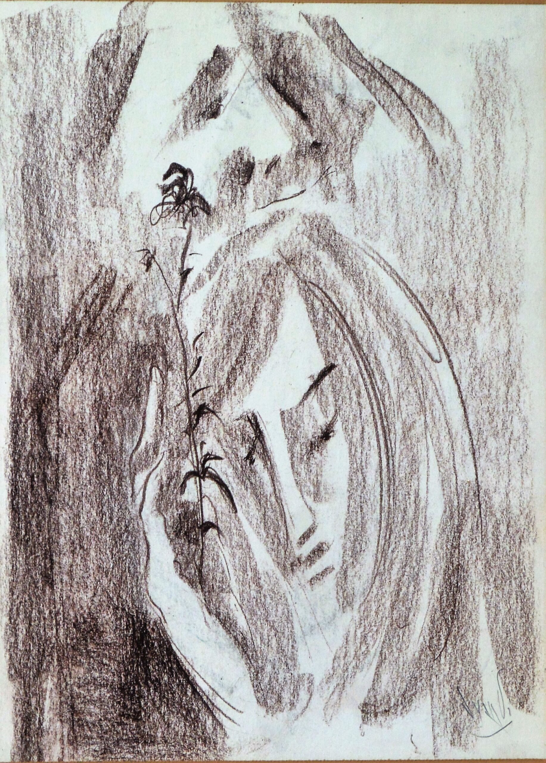 Juan Vicente Barrio, Juanvi - "Escena romántica con flor" dibujo carboncillo papel, enmarcado