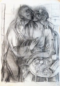 ana-juan-1989-el-beso-dibujo-carboncillo-papel-enmarcado-papel-70x49-cms-y-marco-82x61-cms-1