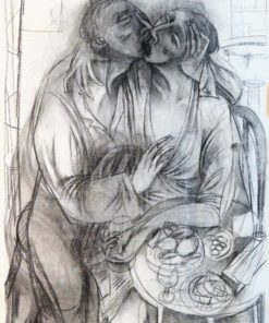 Ana Juan 1989 - "El beso" dibujo carboncillo papel, enmarcado