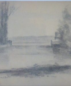 Anónimo francés - "Paisaje con lago" dibujo  lápiz papel finales siglo XIX, enmarcado