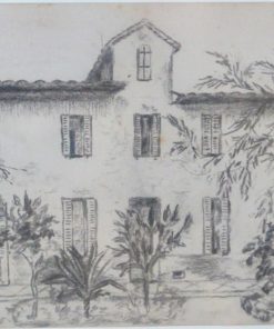 Anónimo francés - "Casa solariega en Antibes" dibujo lápiz papel 1893, enmarcado