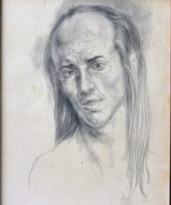 Juan Barba - "Cabeza de hombre con pelo largo" dibujo lápiz papel, enmarcado