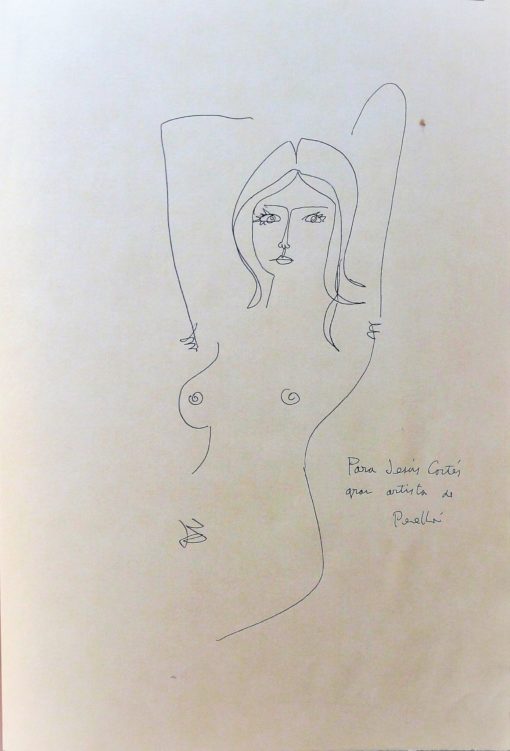 Celedonio Perellón - "Joven desnuda sentada brazos en alto" dibujo original tinta china.