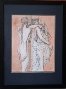 Alcorlo Manuel, Dos amigas, dibujo técnica mixta papel, enmarcado, dibujo 27×21 cms. y marco 42,50×32,50 cms (9)