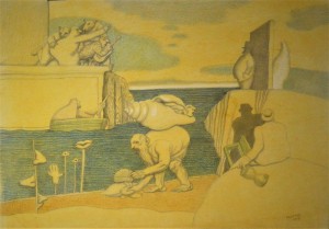 Alcorlo Manuel, Escenas oníricas, dibujo lápiz y acuarela papel, enmarcado, dibujo 35x50 cms. y marco 52x67 cms (5)