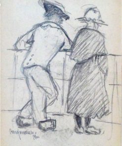 Anónimo - "Pareja mirando al mar" dibujo lápiz 1900, enmarcado
