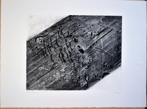 Genovés Juan, Composición sin título, grabado, p.t. dedicado al taller del Val y firmado a lápiz, plancha 39×99 cms y papel 76x 56 cms. (1)